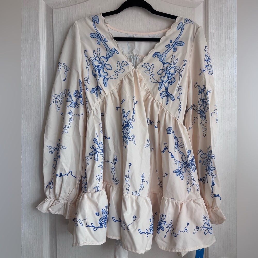 Cupshe Cream Dress with Blue Embroidery